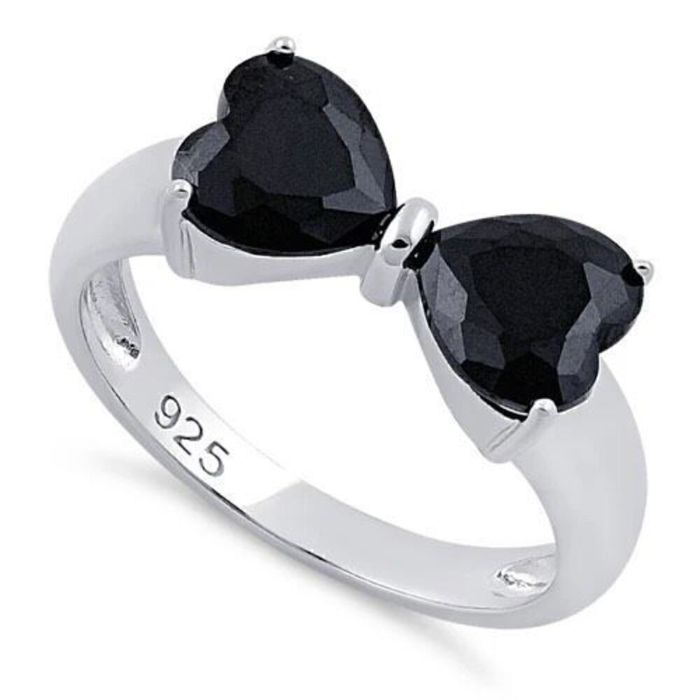 Sterling Silver Bow Heart Cut Black Onyx  Ring Womens Statement Jewelry New